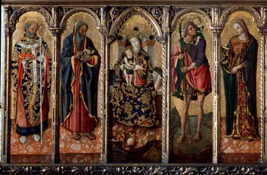 Madonna og barn med hellige polyptykon, fem separate paneler, c1480
