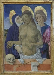 Kristus i medlidenhed med Jomfru Maria og Johannes Evangelisten, ca. 1490-1500 (olie på panel)
