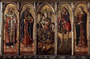 ""Madonna og barn med hellige"" Er repræsenteret: Saint Nicolas of Myre eller Bari (270-345), Saint Anthony Abbed (Sankt Anthony den Store (250/251-356) (eller Saint Anthony eneboeren), Saint Christopher og Sankt Catherine (af Alexandria?).