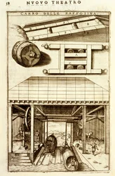 Hestedrevet hydraulisk remskivemekanisme til at flytte gods mellem land og vand, 1607