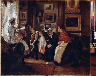 Au grammofon. (Ved grammofonen). Peinture af Vladimir Yegorovich Makovski (Makovsky, Makovskij) (1846-1920), huile sur toile