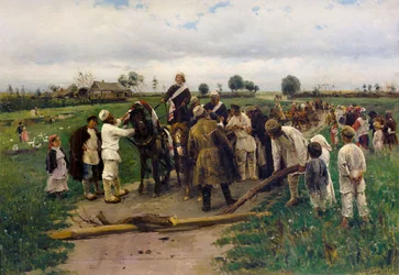 Betaling af løsesum for bruden. Maleri af Vladimir Makovsky - Betale en løsesum for bruden - Vladimir Yegorovich Makovsky (1846-1920). olie på lærred