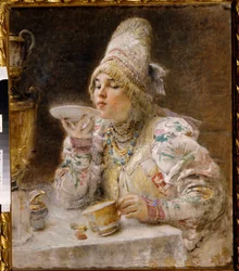 Te tid. (En Boyar-kvinde (boiard, boiar), i hertugdømmet Moskvas traditionelle kjole og hovedbeklædning, sidder nær en samovar og drikker den te, hun har hældt i underkoppen på sin kop). Maleri af Konstantin Yegorovich Makovsky (Constantin Mako