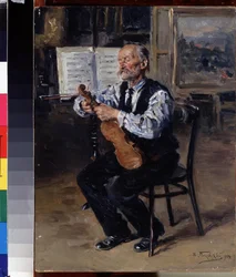 Luthier (Luthier). Håndværkeren stemmer en violin. Maleri af Vladimir Yegorovich Makovsky (Makovsky, Makovskij) (1846-1920), olie på lærred