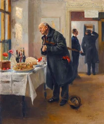 ""En gastronom"" (Gastronom) En mand gnider sine hænder foran en god buffet - Maleri af Vladimir Makovsky (Makovski) (1846-1920)