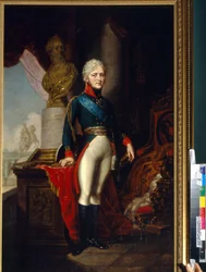 Portræt af kejser Alexander I af Rusland (1777-1825). Maleri af Vladimir Lukich Borovikovsky (eller Borovikovsky) (1757-1825), olie på lærred, omkring 1800. Russisk kunst fra 1700-tallet. Statens Borodino krigs- og historiemuseum, Moskva.