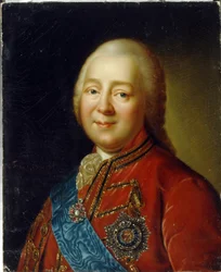 Portræt af general en greve Nikita Ivanovich Panin (1718-1783). (Portræt af generalgreve N. I. Panin). Maleri af Vladimir Lukich Borovikovsky (eller Borovikovski) (1757-1825), olie på pap, slutningen af ​​1700-tallet, russisk kunst. Det Kirgisiske Stats Ku