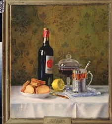 Et glas te. Stilleben. (På en hvid dug, med tvebakker, en halv citron, en beholder til marmeladen og en flaske vin). Maleri af Vladimir Pavlovich Sokolov (1860-1913), olie på lærred