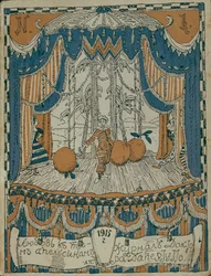 Skitse af programsiden for stykket Kærligheden til tre appelsiner af C. Gozzi, 1915