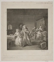 Barselsstuen III. akt 6. scene. Gravering efter Lorenzens Holberg Galleri.