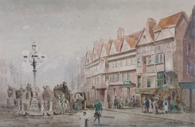 Udsigt mod øst langs sydsiden af Holborn and Stable Inn, London, 1860.