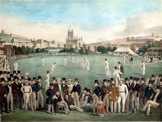 En cricketkamp mellem Sussex og Kent i 1840, udgivet af S. Lipschitz, London, ca. 1849 (farvet gravering)