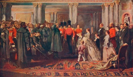 Dronning Victoria overrækker medaljer til garden efter Krimkrigen, 1856-1906.