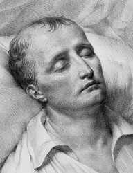 Portræt af Napoleon Bonaparte (1769-1821) på hans dødsleje, litografi