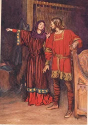Gertrude afslører, at Hamlet har dræbt Polonius, fra «Hamlet» af William Shakespeare, udgave udgivet af Hodder og Stoughton i 1915
