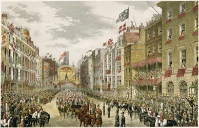 Procession on the Strand, Temple Bar, Strand, London, Storbritannien (farvegravering)