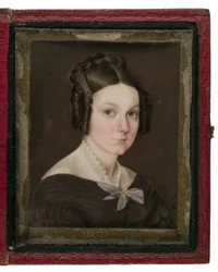 Miniatureportræt af Sally Ann Gage, ca. 1837 (wc på elfenben, læder, kobberlegering og glas)