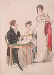 To kvinder og en mand iført hel aftenkjole, c1810