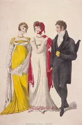 To kvinder og en mand iført hel aftenkjole, c1810