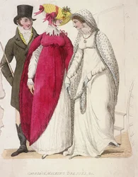 To kvinder iført vandrekjoler ledsaget af en mand, c1810