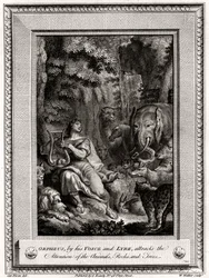 Orpheus, ved sin stemme og lyre, tiltrækker opmærksomheden fra Animals, Rocks and Trees, 1774.