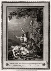 Thisbe tager det sværd, der allerede lugter af Pyramus blod, kaster det ind i..., 1775.