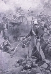 Chilianwala, 13. januar 1849: Liget af Pennycuick bevogtet af hans søn, illustration fra British Battles on Land and Sea, 1915