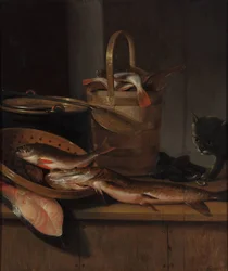 Stilleben med fisk og kat, ca. 1650-1660