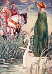 Kong Arthur beder Lady of the Lake om sværdet Excalibur (farvelitografi)