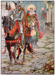 Sir Geraint og Lady Enid i den øde romerske by (farvelitografi)