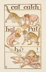 En dreng leger med en kat. Illustration i 
