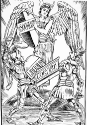 Allegori om Walter Crane: Socialismen sejrer hårdt i kampen mellem liberalisme og torysme (det engelske konservative parti). Stik fra slutningen af 1800-tallet.