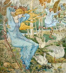 "En ung mand forsøger at indhente sin hat, som er fløjet af sted i vinden. En gåsesitter holder øje med ham. Illustration af Walter Crane (1845-1915) Privat samling