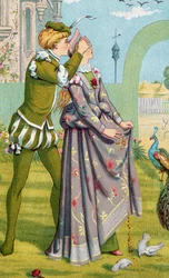"Den romantiske overraskelse" En ung dreng holder en ung pige for øjnene. Illustration af Walter Crane (1845-1915) og Kate Greenaway (1846-1901)