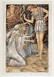 Persee and the Graia (Beotie, Grækenland) - Han møder tre gamle kvinder (hekse?) - i "" En vidunderbog for piger og drenge"" af Walter Crane (1845-1915)