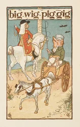 Rimende ord, der ender på bogstavet G. En illustration, der viser en gris, der rider på en hest, og en anden kører på en vogn. Den gyldne primer.