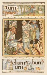 Rimende ord, der ender på bogstavet N. En illustration, der viser muligvis kong Alfred og de brændende kager. Den gyldne primer.