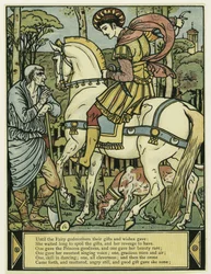 Prinsen spørger om vej fra The Blue Beard Picture Book, pub. 1879 (farve litho)