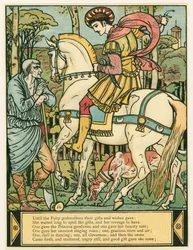 Prinsen spørger om vej fra The Blue Beard Picture Book, pub. 1879 farvelitografi, 1879.