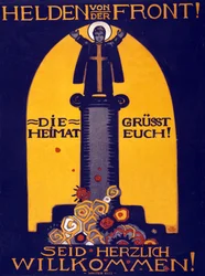 Tyske WWI-plakathelte fra fronten, Hjemlandet hilser dig! Velkomst pub. 1915 (farvelitografi)