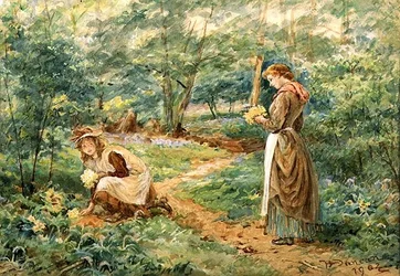 Piger, der plukker vilde blomster