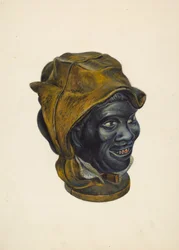 Legetøjssparebøsse: hoved af en sort dreng, ca. 1939.