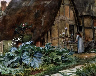 Ved sommerhuset. Samtale ved vinduet i en lade. Maleri af Well Walter Langley (1852-1922, britisk) Privat samling