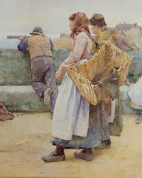 In a Cornish Fishing Village: Departure of the Fleet for the North, detalje af to fiskekoner, 1886 (wc) (detalje af 77635)
