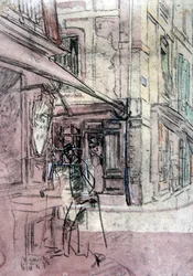 A Shop in Dieppe, ca. 1907 (blæk, farvet pastel og akvarel på papir)