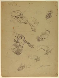 Tegning, ark med studier af en violinspillers hænder, 1878