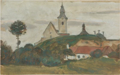 Landskab med Kirke og Landsby