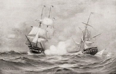 Kampen mellem USS Constitution og HMS Guerriere under krigen i 1812, cirka 400 miles sydøst for Halifax, Nova Scotia, fra The History of Our Country, udgivet 1905