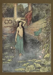 Frontispice: "Hun skyndte sig ud af paladset... og kom til den øvre verden." fra Folk-Tales of Bengal ... Med 32 illustrationer i farver af Warwick Goble (Edition de luxe.)