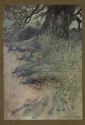 Plade 11: "Hundreder af påfugle af smukke faner kom til dæmningerne for at spise khaien", fra Folk-Tales of Bengal ... Med 32 illustrationer i farver af Warwick Goble. (Edition de luxe.)